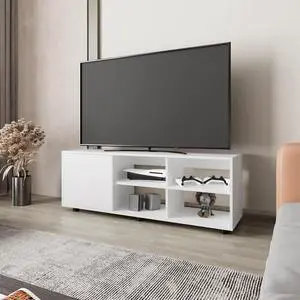 White TV Stand with a Door and Open Storage