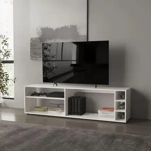 White TV Stand for 70" Screen with Open Storage and Melamine Finish