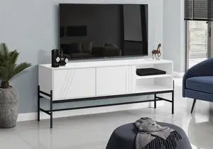 Tv Stand, 60 Inch, Console, Media Entertainment Center, Storage Cabinet, Living Room, Bedroom, White Laminate, Black Metal, Contemporary, Modern