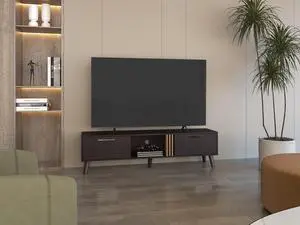 Vance 63" Wide Tv Stand  with Two pull down Cabinets, Two Shelves, Cable Management , Living Room, Tv Room Black Wengue - Light Oak