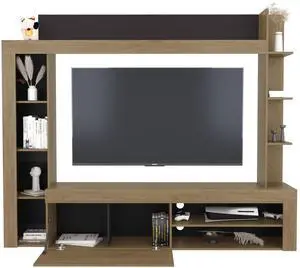Cecil Entertainment Center and TV Stand with Open Below Shelves and Storage Compartments with One Door, Natural Oak with Black