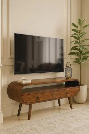 Chestnut Circular TV Stand, 2-Drawers, Open Slot, Nordic Legs, Brown