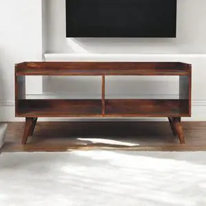 Solid Wood Open-top Chestnut Media Unit, 2 Open Shelves, Nordic Legs, Dark Brown