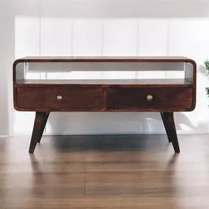 Solid Wood Curved California Walnut Media Unit, 2-Drawers, 1 Open Slot, Nordic Legs, Brown