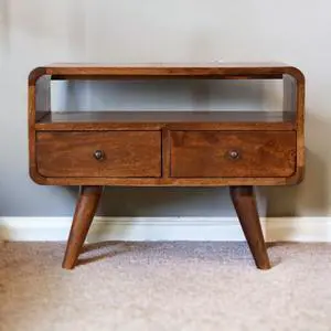 Solid Wood Mini Chestnut Curved Media Unit with 2-Drawers, Open Slot, Nordic Legs, Brown