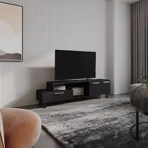 Athol  69" Wide  Two-Tier Tv Stand Black  with one pull-down door cabinet, one double-door cabinet and two Shelves, Cable Management, Living room  Black Wengue