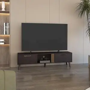 Vance 63" Wide Tv Stand  with Two pull down Cabinets, Two Shelves, Cable Management , Living Room, Tv Room Black Wengue - Light Oak