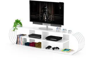 FurnisHome Store Mid Century Modern Tv Stand 4 Shelves Open Storage Entertainment Centre 68 inch Tv Unit, White/Chrome