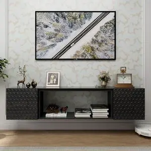 Floating TV Wall Mount Stand for 80 Inch TVs - Sturdy Wood Console, High Weight Capacity & Hidden Cable Management, Contemporary Style (Black)