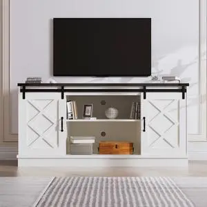 Farmhouse TV Stand wih Storage, 58" Entertainment Center with Sliding Barn Door, Wooden Media TV Console with Height Adjustable Shelves for Living Room