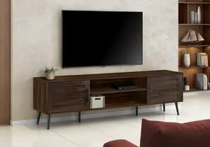 Tv Stand, 72 Inch, Console, Media Entertainment Center, Storage Cabinet, Living Room, Bedroom, Brown Laminate, Black Wood Legs, Transitional