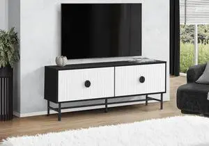 Tv Stand, 60 Inch, Console, Media Entertainment Center, Storage Cabinet, Living Room, Bedroom, Black And White Laminate, Black Metal, Contemporary, Modern