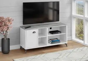 Tv Stand, 48 Inch, Console, Media Entertainment Center, Storage Cabinet, Living Room, Bedroom, White And Grey Laminate, Black Metal, Contemporary, Modern