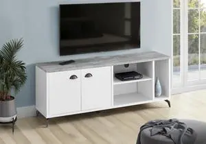 Tv Stand, 60 Inch, Console, Media Entertainment Center, Storage Cabinet, Living Room, Bedroom, White And Grey Laminate, Black Metal, Contemporary, Modern