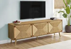 Tv Stand, 72 Inch, Media Entertainment Center, Storage Cabinet, Console, Walnut Laminate, Natural Seagrass, Mid Century, Modern