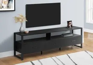Tv Stand, 72 Inch, Media Entertainment Center, Storage Drawers, Black Laminate, Black Metal, Contemporary, Modern