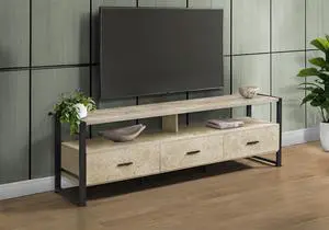 Tv Stand, 72 Inch, Media Entertainment Center, Storage Drawers, Cream Stone Laminate, Black Metal, Contemporary, Modern