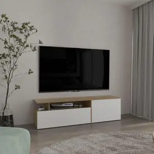Selma Floating 63" Wide Tv Stand with Two Cabinets, Six Shelves, Cable Management , Entertainment Center for Living Room , Wall Shelf Cabinet Natural Oak - White