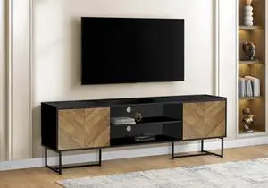 Tv Stand, 72 Inch, Console, Media Entertainment Center, Storage Cabinet, Living Room, Bedroom, Brown And Black Laminate, Black Metal, Contemporary, Modern