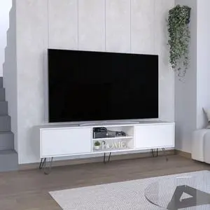 Waco TV Rack, Hairpin Stand with Spacious Storage and Cable Management Holes, White
