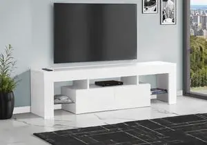 Tv Stand, 63 Inch, Console, Media Entertainment Center, Storage Cabinet, Living Room, Bedroom, Glossy White Laminate, Contemporary, Modern
