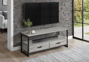 Tv Stand, 48 Inch, Console, Media Entertainment Center, Storage Drawers, Living Room, Bedroom, Grey Laminate, Black Metal, Contemporary, Modern