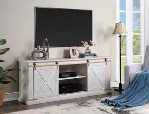 Antique White Finish Rustic Style TV Console Base Sliding Doors Metal Accents Multiple Open Storage Shelves X-Design Front Doors Farmhouse Design