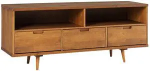 Mid-Century Modern Solid Wood 3-Drawer 58" TV Stand for 65" TVs with 2 Open Cubbies - Caramel