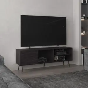 Vulcan 63" Wide Tv Stand with One Cabinet, Three Open Shelves, Cable Management, Living Room, Tv Room Black Wengue