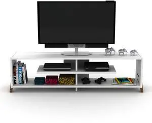 FurnisHome Store Mid Century Modern Tv Stand 4 Shelves Open Storage Wood Legs Entertainment Centre 57 inch Low Tv Unit, Walnut/White
