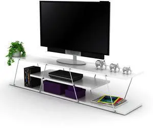 FurnisHome Store Tars Mid Century Modern Tv Stand 4 Shelves Open Storage Metal Cords Entertainment Centre 56 inch Low Tv Unit, White/Chrome