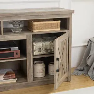 Farmhouse Barn door TV Media Stand Modern Entertainment Console for TV Up to 65" with Open and Closed Storage Space, Gray Wash, L57.87*W15.75*H30.31