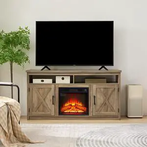 Farmhouse TV Media Stand, Large Barn Inspired Home Entertainment Console, with 18" Fireplace Insert, for TV Up to 65'', with Open Shelves and Closed Cabinets, Gray Wash 57.87*15.75*30.31