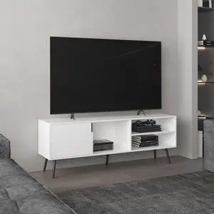 Vulcan 63" Wide Tv Stand with One Cabinet, Three Open Shelves, Cable Management, Living Room, Tv Room White