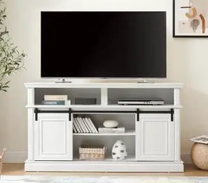 Media Console Table with Storage Cabinet, Mid Century style Entertainment TV Table, Multipurpose Sliding Door TV Cabinet  Large Storage Space, 58.11"W*15.79"D*32.36"H Antique White