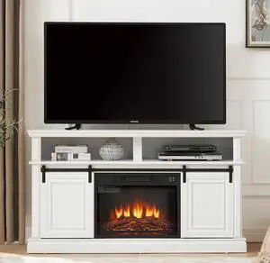 Media Console Table with Storage Cabinet, Mid Century Modern TV Console with 23" Fireplace Insert, Multipurpose Sliding Door TV Cabinet  Large Storage Space, 58.11"W*15.79"D*32.36"H Antique White