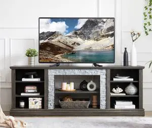 Large TV Stand TV Desk Storage Rack with Faux Stacked Stone Surround,Media Console Table with Large Storage Cabinet,Modern TV Media Entertaionment Stand,GREY, 70.12"W*15.35"D*25.83"H