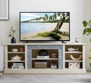 Large TV Desk Storage Rack with Faux Stacked Stone Surround,Media Console Table with Large Storage Cabinet,Modern TV Media Entertaionment Stand,WHITE, 70.12"W*15.35"D*25.83"H