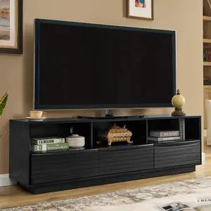 63" Mid-Century Modern TV Stand for TVs up to 75", Thick Sturdy Farmhouse Entertainment Cabinet, Media Console for Living Room, Louver Design & Solid Wood Drawers & Outlet Holes, Black