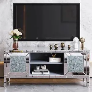 60" Mirrored TV Stand with Crushed Diamond Glass Doors - Modern Media Entertainment Center for Living Room, Adjustable Storage TV Console Table for 65-Inch TV