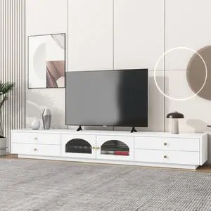 ON-TREND Luxurious TV Stand with Fluted Glass Doors, Elegant and Functional Media Console for TVs Up to 95'', Tempered Glass Shelf TV Cabinet with Multiple Storage Options, White
