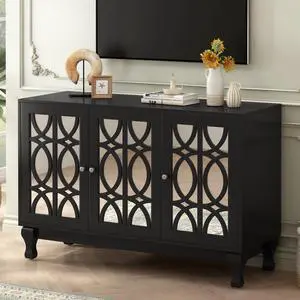 U-Can Modern Mirrored TV Stand for TV up to 55 Inches, Entertainment Center Solid Wood Legs, Metal Handle and 3 Adjustable Shelves For Living room
