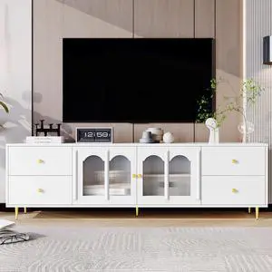 U-Can 70.9'' Modern TV Stand for TVs up to 75 Inches, Entertainment Center with Glass Door, 4 Drawers and 2 Cabinets, Five Metal Legs and Metal Handles for Living room