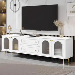 U-Can 78.7'' Modern TV Stand, TV Cabinet with Five Metal Legs and Metal Handles, 2 Drawers and 2 Cabinets with Fluted Glass Doors For Living room, Up to 80''