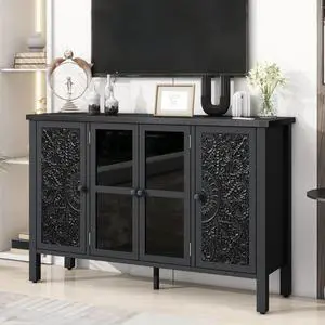 U-Can 47.2'' Retro TV Stand for TVs up to 43 Inches, Entertainment Center Media Console Cabinet with 3 Spacious Cabinets, Glass Cabinet Doors and Anti-tip Device for Living room