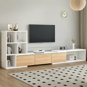 ON-TREND 74.8''-126'' Extendable TV Stand with 3 Tier Bookshelves for TVs up to 110'', Adjustable Entertainment Center with Storage Cabinets, Sliding Tabletop Media Console for Living Room, White