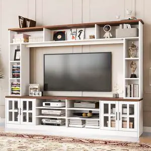 U-Can 95.5" W Wall Unit Entertainment Center with Bookshelves for TVs up to 80", Modern TV Stand Media Console with Cabinets, Tempered Glass Doors and Adjustable Shelves for Living Room
