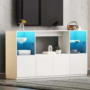 ON-TREND High Gloss TV Stand with LED Lights, Modern Sideboard with Large Storage Cabinet, Media Console with Tempered Glass Shelves for TVs up to 75", Living Room, White, 67"Wx13.7"D