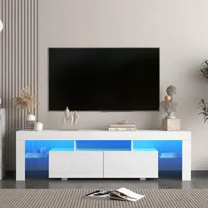 High gloss TV Stand with LED Lights for TVs up to 65'', Modern TV Console with Storage Cabinets for Living Room