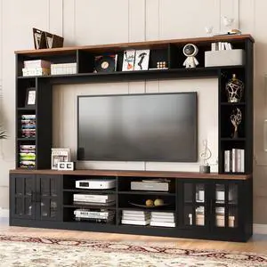 U-Can 95.5" W Wall Unit Entertainment Center with Bookshelves for TVs up to 80", Modern TV Stand Media Console with Cabinets,  Tempered Glass Doors and Adjustable Shelves for Living Room